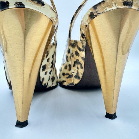 STUART WEITZMAN GOLD ANIMAL PRINTS SLING BACK HEELS OPEN TOE SHOE PATENT LEATHER - Picture 7 of 15